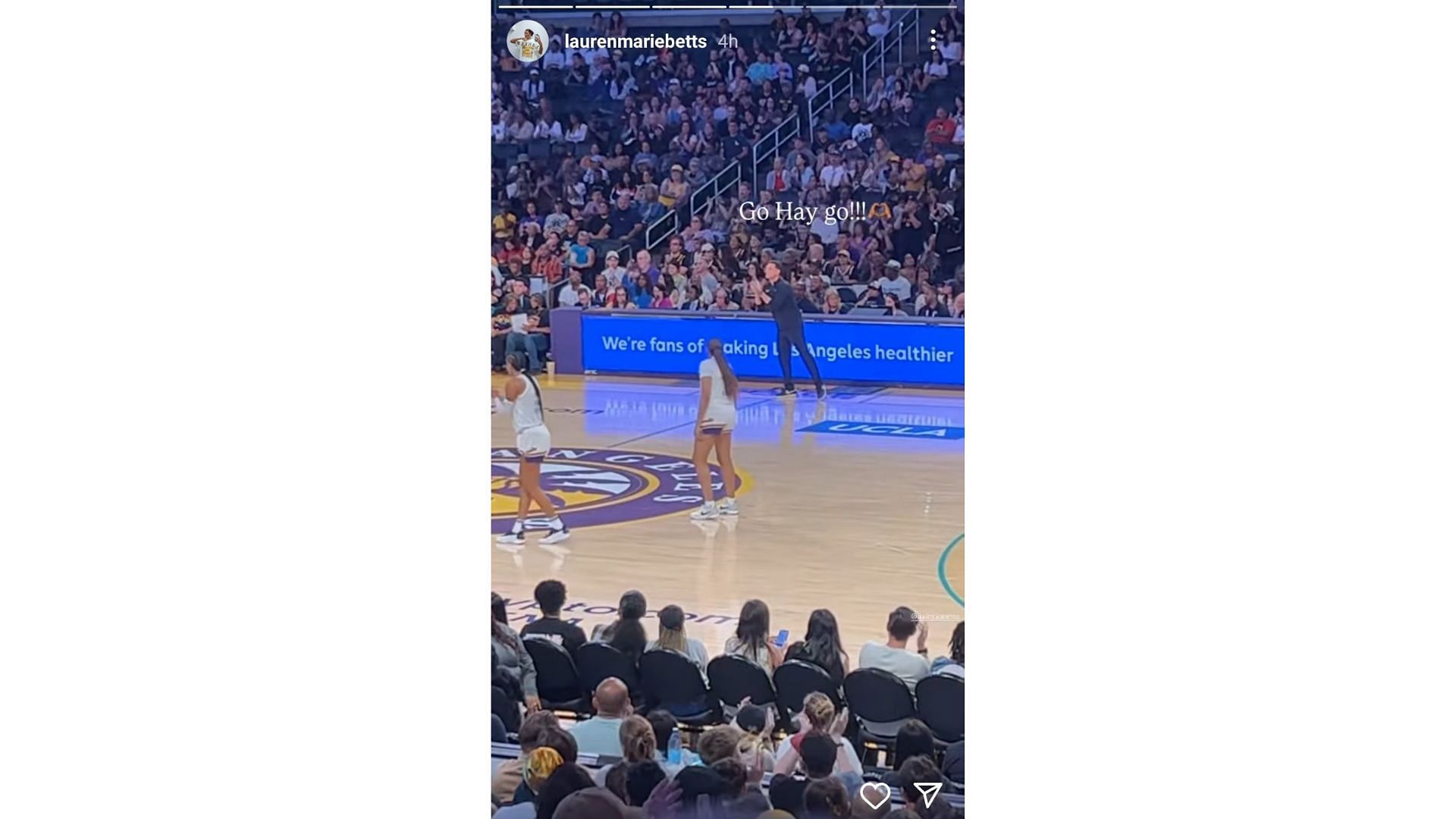 Lauren Betts showed a piece of action between the Los Angeles Sparks and the Phoenix Mercury on her Instagram story. Source: Instagram/@laurenmariebetts